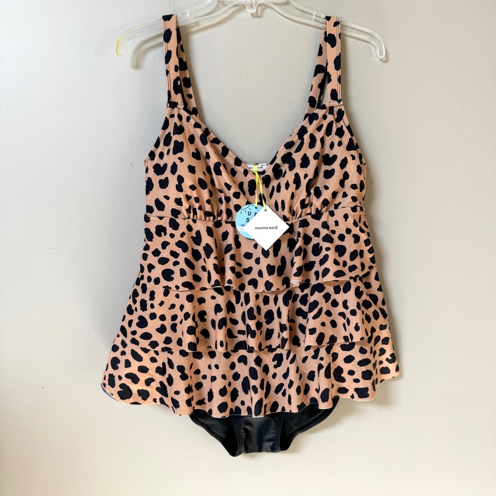 NWT Marina West triple ruffle leopard print one piece SPF 50+ swimsuit Sz Large - Picture 3 of 8